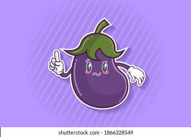EN REALIDAD, ATENTIVO, CONFUSO, Emoción facial. Gesto de la mano del dedo índice. Ilustración de la mascota de dibujo de verduras de berenjena.