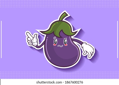 EN REALIDAD, ATENTIVO, CONFUSO, Emoción facial. Gesto de la mano del dedo índice. Ilustración de la mascota de dibujo de verduras de berenjena.