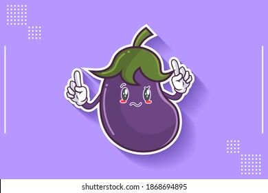 REALLY, ATTENTIVE, CONFUSED Face Emotion. Double Forefinger Hand Gesture. Eggplant vegetable Cartoon Drawing Mascot Illustration.