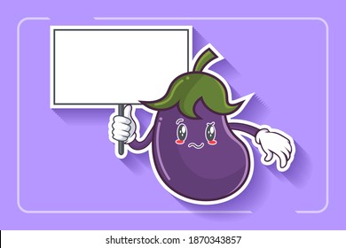 REALLY, ATTENTIVE, CONFUSED Face Emotion. Holding Whiteboard Hand Gesture. Eggplant vegetable Cartoon Drawing Mascot Illustration.