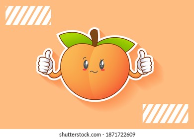 EN REALIDAD, ATENTIVO, CONFUSO, Emoción facial. Gesto De Mano De Doble Pulgar Hacia Arriba. Caricatura de Fruta de Peach Dibujando Ilustración Mascota.