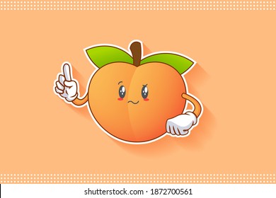 REALLY, ATTENTIVE, CONFUSED Face Emotion. Forefinger Hand Gesture. Peach Fruit Cartoon Drawing Mascot Illustration.