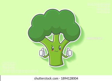 REALLY, ATTENTIVE, CONFUSED Face Emotion. Double Thumb Up Finger Hand Gesture. Broccoli Vegetable Cartoon Drawing Mascot Illustration.