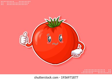 EN REALIDAD, ATENTIVO, CONFUSO, Emoción facial. Gesto De Mano Arriba. Caricatura De Tomate Vegetable Dibujando Ilustración De Mascota.