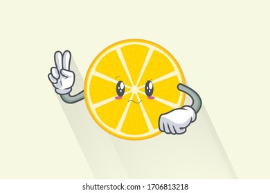 REALLY, ATTENTIVE, CONFUSED Face. Peace Finger Gesture. Mascot Illustration. Slice Lemon Fruit Cartoon.