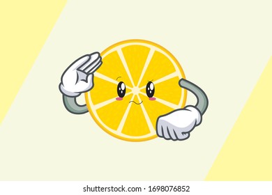 REALLY, ATTENTIVE, CONFUSED Face. Respect Hand Gesture. Mascot Cartoon Illustration. Slice Lemon Fruit