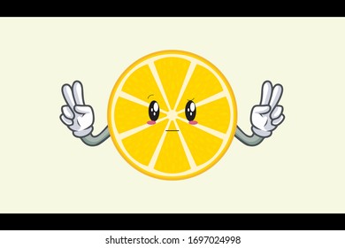 REALLY, ATTENTIVE, Curios Face. Double Peaceful Finger. Mascot Illustration. Slice Lemon Fruit.