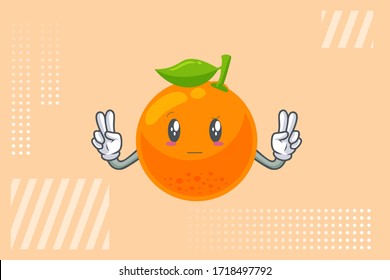 REALLY, ATTENTIVE, Curios Face. Double Peace Finger Gesture. Orange Citrus Fruit Cartoon Mascot Illustration.
