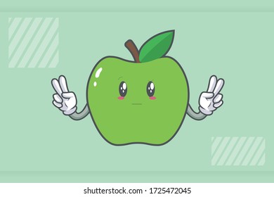 REALLY, ATTENTIVE, Curios Face Emotion. Double Peace Hand Gesture. Green Apple Cartoon Mascot Illustration.