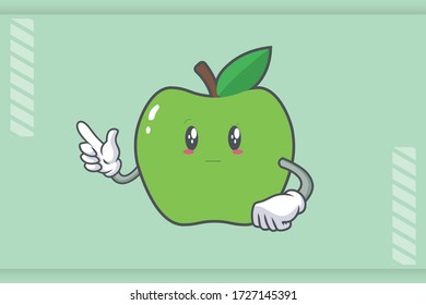 REALLY, ATTENTIVE, Curios Face Emotion. Forefinger Hand Gesture. Green Apple Cartoon Mascot Illustration