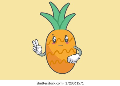 REALLY, ATTENTIVE, Curios Face Emotion. Peace Hand Gesture. Pineapple Fruit Cartoon Drawn Mascot Illustration.