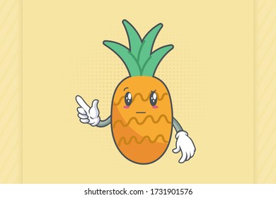 EN REALIDAD, ATENTIVO, Curios Enfrenta Emoción. forefinger señaló a Hand Gesture. Caricatura de la fruta de la piña Dibujó Ilustración de la mascota.