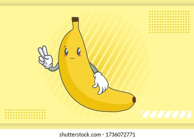 REALLY, ATTENTIVE, Curios Face Emotion. Peace Hand Gesture. Banana Fruit Cartoon Drawing Mascot Illustration.