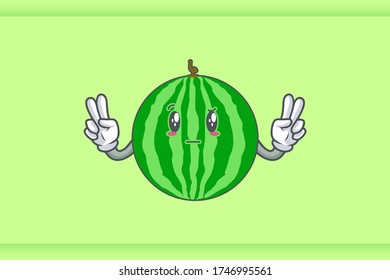 REALLY, ATTENTIVE, Curios Face Emotion. Double Peace Hand Gesture. Watermelon Fruit Cartoon Drawing Mascot Illustration.