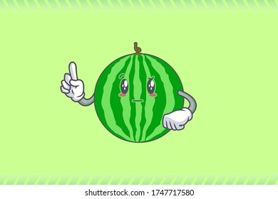 REALLY, ATTENTIVE, Curios Face Emotion. Forefinger Hand Gesture. Watermelon Fruit Cartoon Drawing Mascot Illustration.