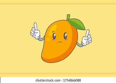 REALLY, ATTENTIVE, Curios Face Emotion. Double Forefinger Hand Gesture. Yellow Mango Fruit Cartoon Drawing Mascot Illustration.