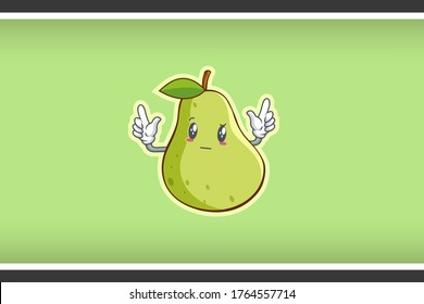 WIRKLICH ATTENTIV, Curios Gesicht Emotion. Double Forefinger Handgun Gesture. Grüne Birnenkartoon-Zeichnung Maskottabilustration.