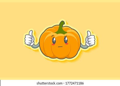 REALLY, ATTENTIVE, Curios Face Emotion. Double Thumb Up Hand Gesture. Yellow, Orange Pumpkin Fruit Cartoon Drawing Mascot Illustration.