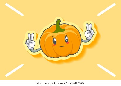 REALLY, ATTENTIVE, Curios Face Emotion. Double Peace Hand Gesture. Yellow, Orange Pumpkin Fruit Cartoon Drawing Mascot Illustration.