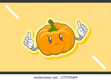 REALLY, ATTENTIVE, Curios Face Emotion. Double Forefinger Hand Gesture. Yellow, Orange Pumpkin Fruit Cartoon Drawing Mascot Illustration.