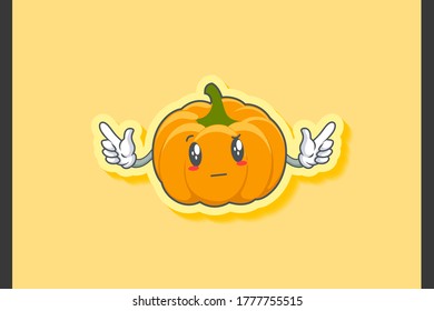 EN REALIDAD, ATENTIVO, Curios Enfrenta Emoción. Gesto De Mano De Doble Dedo. Ilustración de la mascota de dibujos animados de la piel de calabaza amarilla y naranja.