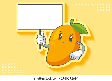 REALLY, ATTENTIVE, CURIOS Face Emotion. Holding Whiteboard Hand Gesture. Yellow Mango Fruit Cartoon Drawing Mascot Illustration.