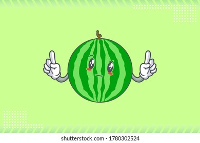 REALLY, ATTENTIVE, CURIOS Face Emotion. Double Forefinger Hand Gesture. Watermelon Fruit Cartoon Drawing Mascot Illustration.