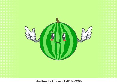 EN REALIDAD, ATENTIVO, CURIOS SE ENFRENTA A LA Emoción. Gesto doble de la pistola del dedo delantero. Dibujo de dibujos de mascotas con dibujos animados con frutas de sandía.