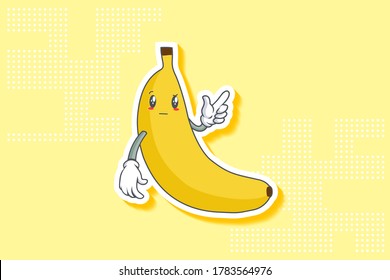 REALLY, ATTENTIVE, CURIOS Face Emotion. Forefinger Handgun Gesture. Banana Fruit Cartoon Drawing Mascot Illustration.