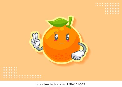 REALLY, ATTENTIVE, CURIOS Face Emotion. Peace Hand Gesture. Orange, Citrus Fruit Cartoon Drawing Mascot Illustration.