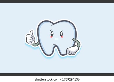 REALLY, ATTENTIVE, CURIOS Face Emotion. Thumb up Hand Gesture. Tooth Cartoon Drawing Mascot Illustration.