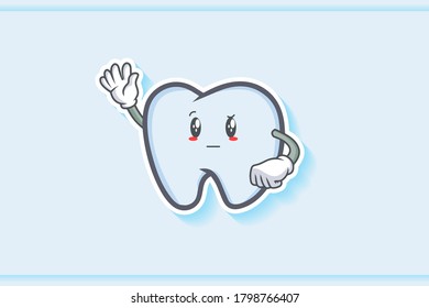 EN REALIDAD, ATENTIVO, CURIOS SE ENFRENTA A LA Emoción. Gesto de mano ondulante. Ilustración de la mascota de dibujos animados dental.