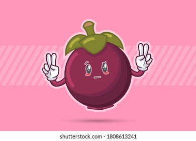 REALLY, ATTENTIVE, CURIOS Face Emotion. Double Peace Hand Gesture. Mangosteen Fruit Cartoon Drawing Mascot Illustration.
