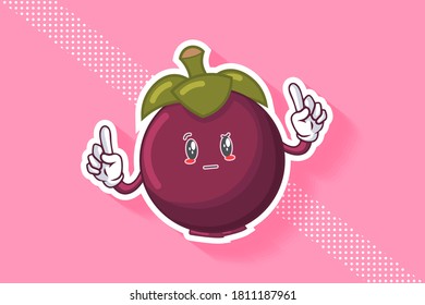 REALLY, ATTENTIVE, CURIOS Face Emotion. Double Forefinger Hand Gesture. Mangosteen Fruit Cartoon Drawing Mascot Illustration.