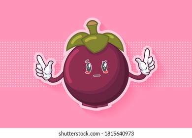 REALLY, ATTENTIVE, CURIOS Face Emotion. Double Handgun Gesture. Mangosteen Fruit Cartoon Drawing Mascot Illustration.
