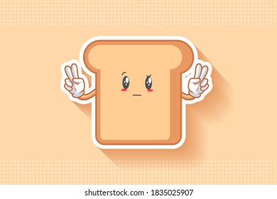 EN REALIDAD, ATENTIVO, CURIOS SE ENFRENTA A LA Emoción. Doble gesto de paz. Caricatura de la Comida del Pan Dibujando Ilustración Mascota.
