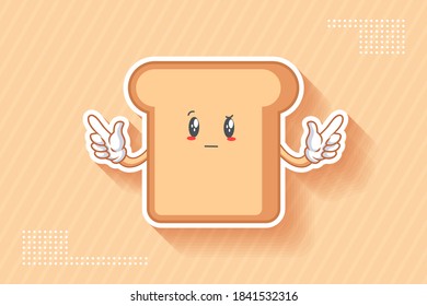 EN REALIDAD, ATENTIVO, CURIOS SE ENFRENTA A LA Emoción. Gesto doble de la pistola del dedo delantero. Caricatura de la Comida del Pan Dibujando Ilustración Mascota.