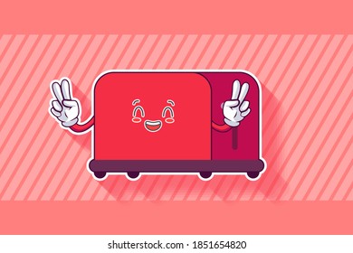 REALLY, ATTENTIVE, CURIOS Face Emotion. Double Peace Finger Hand Gesture. Toaster Cartoon Drawing Mascot Illustration.