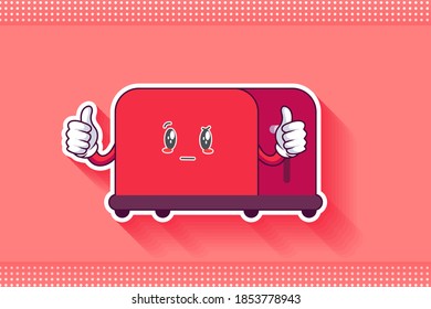 REALLY, ATTENTIVE, CURIOS Face Emotion. Double Thumb Up Finger Hand Gesture. Toaster Cartoon Drawing Mascot Illustration.