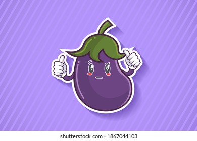 REALLY, ATTENTIVE, CURIOS Face Emotion. Double Thumb Up Finger Hand Gesture. Eggplant vegetable Cartoon Drawing Mascot Illustration.