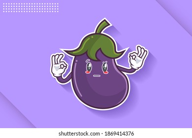 REALLY, ATTENTIVE, CURIOS Face Emotion. Double Nice Hand Gesture. Eggplant vegetable Cartoon Drawing Mascot Illustration.