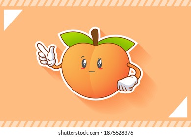 EN REALIDAD, ATENTIVO, CURIOS SE ENFRENTA A LA Emoción. Gesto de la pistola de dedo índice. Caricatura de Fruta de Peach Dibujando Ilustración Mascota.