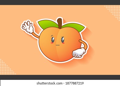EN REALIDAD, ATENTIVO, CURIOS SE ENFRENTA A LA Emoción. Gesto de mano ondulante. Caricatura de Fruta de Peach Dibujando Ilustración Mascota.