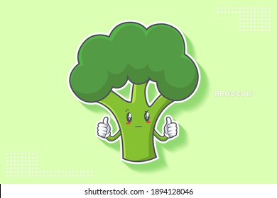 EN REALIDAD, ATENTIVO, CURIOS SE ENFRENTA A LA Emoción. Gesto De Mano De Doble Pulgar Hacia Arriba. Dibujo de caricaturas de brócoli con dibujos de mascota.
