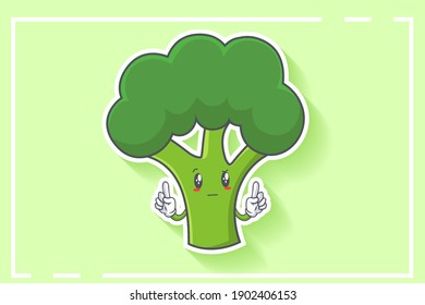 REALLY, ATTENTIVE, CURIOS Face Emotion. Double Forefinger Hand Gesture. Broccoli Vegetable Cartoon Drawing Mascot Illustration.