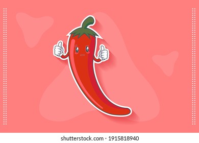 REALLY, ATTENTIVE, CURIOS Face Emotion. Double Thumb Up Hand Gesture. Chili Vegetable Cartoon Drawing Mascot Illustration.