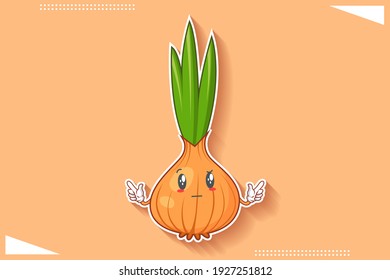 REALLY, ATTENTIVE, CURIOS Face Emotion. Double Handgun Finger Gesture. Onion, Garlic Vegetable Character Cartoon Drawing Mascot Illustration.