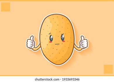 REALLY, ATTENTIVE, CURIOS Face Emotion. Double Thumb Up Gesture. Potato Vegetable Character Cartoon Drawing Mascot Illustration.