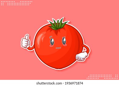 EN REALIDAD, ATENTIVO, CURIOS SE ENFRENTA A LA Emoción. Gesto De Mano Arriba. Caricatura De Tomate Vegetable Dibujando Ilustración De Mascota.