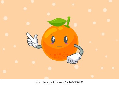 REALMENTE, ATENTIVO, Curios Face. Apellido, apuntando a Gesture. Ilustración de la mascota de caricaturas de cítricos naranja.